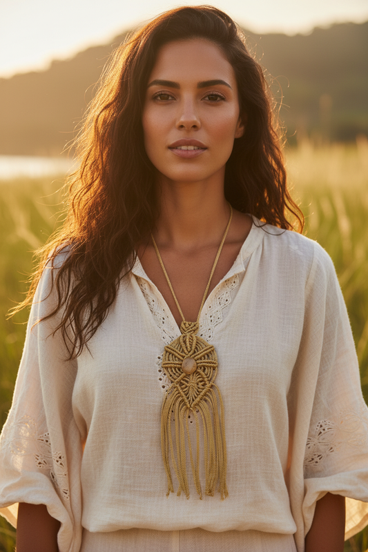 Colar Raio de Sol — modelo ao ar livre, luz dourada
